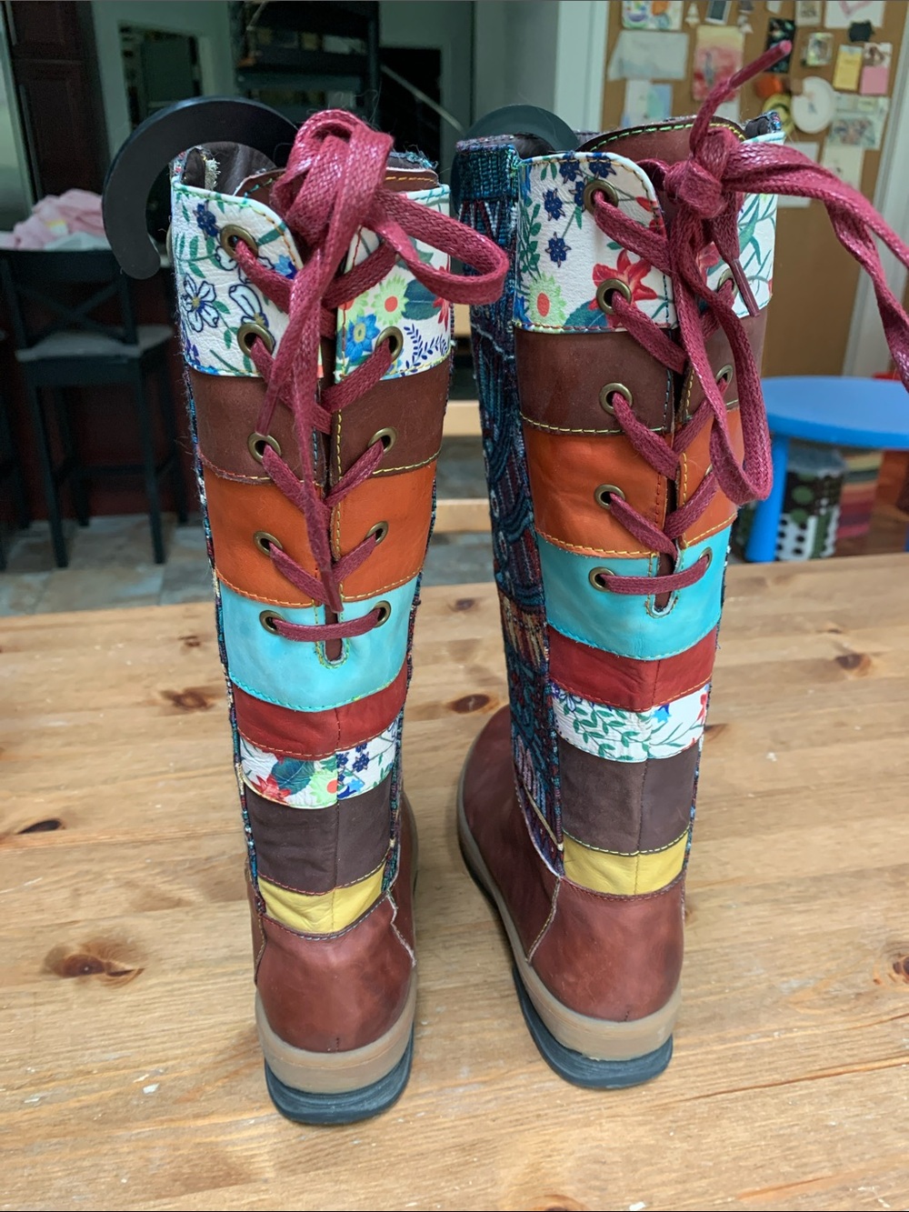 Women's Boho Brown Leather Boots with Teal Patterned Shaft - Picture 2 of 10